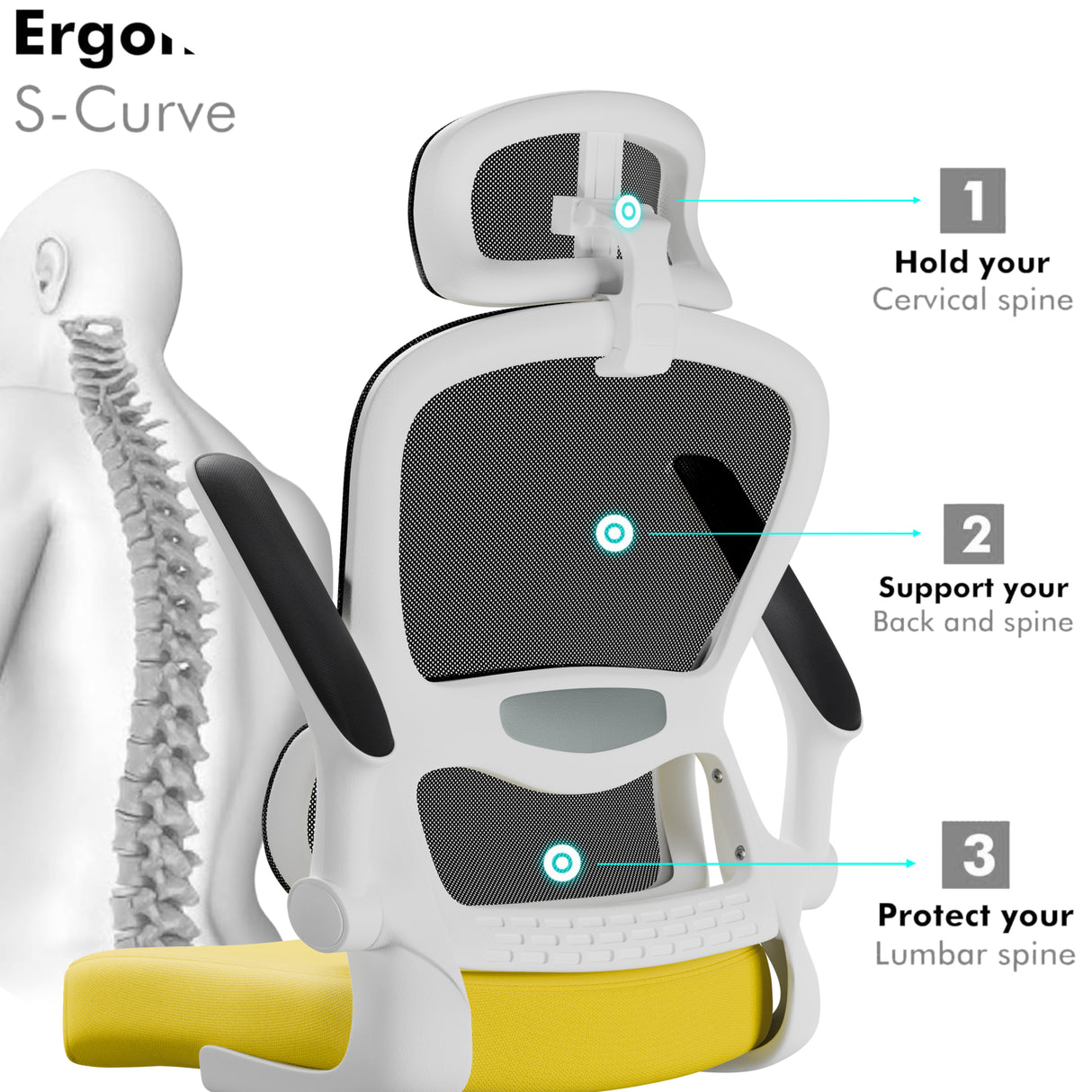 Yellow and black office chair with back support, featuring adjustable headrest and sturdy frame.