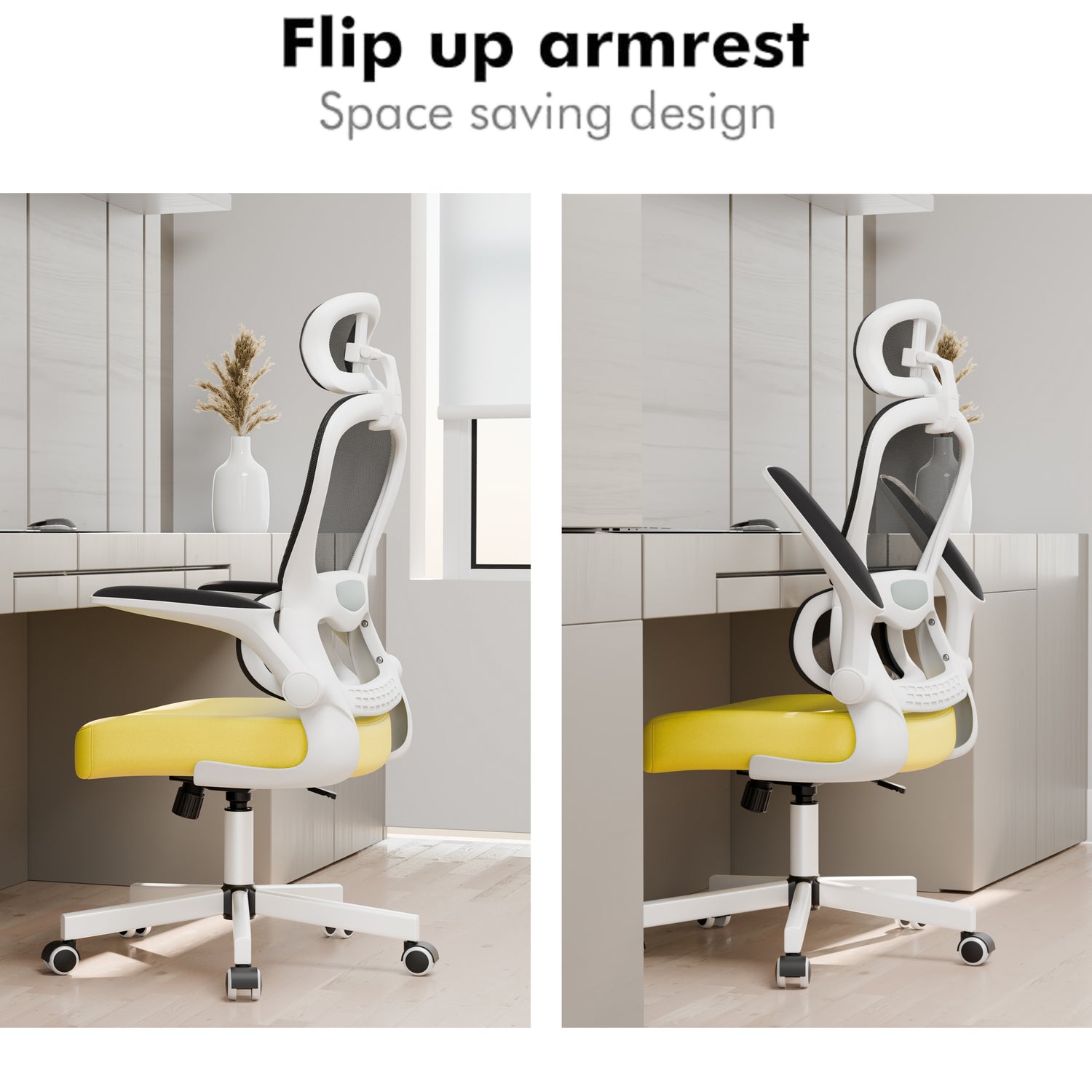 Yellow and black office chair with mesh, boasting breathable fabric and flip-up armrests for versatile use.