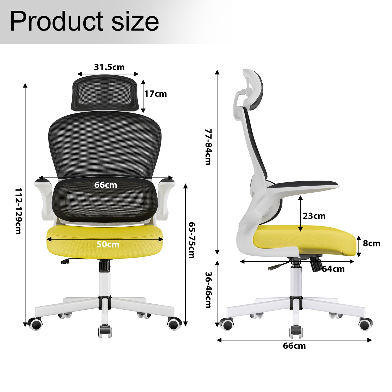 Dimensions of Yellow and black mesh chair with ergonomic S-shaped back : seat width 50cm, depth 64cm and height  112-129cm.