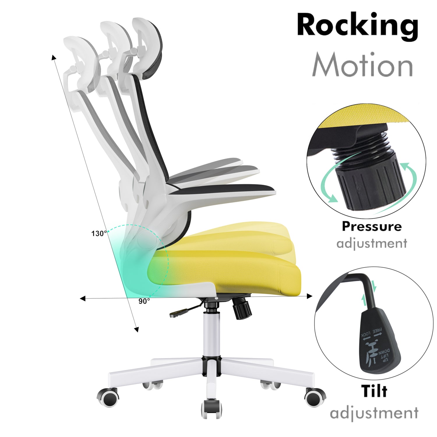Yellow and black ergonomic chair designed with rocking feature for lumbar support and breathable mesh for all-day comfort.