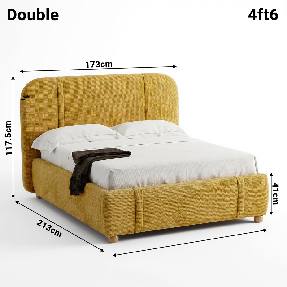 Dimensions diagram of a yellow double bed with labelled measurements: height 117.5cm, width 173 cm, and length 213 cm