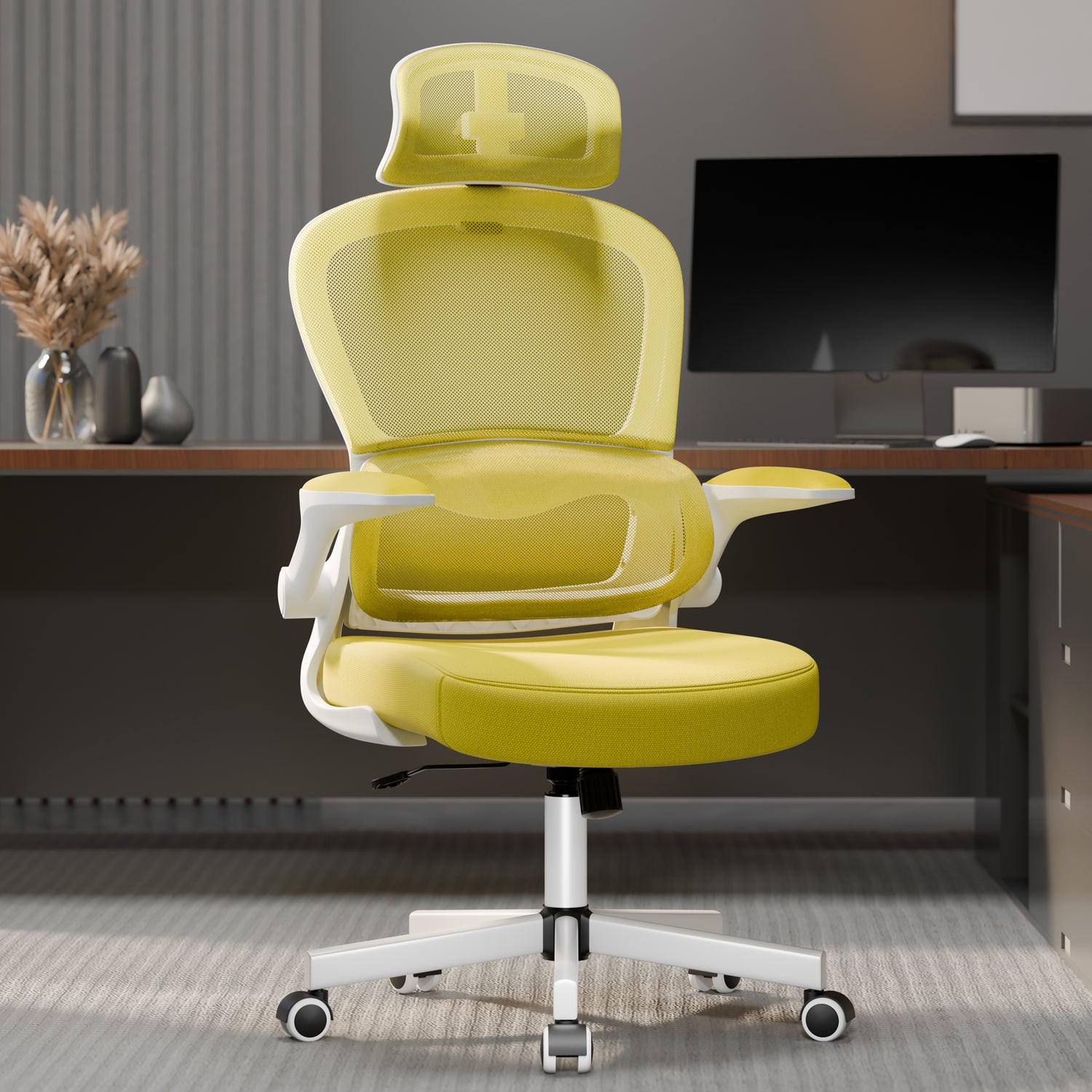 Yellow mesh adjustable office chair with flip-up arms and breathable back for airflow.