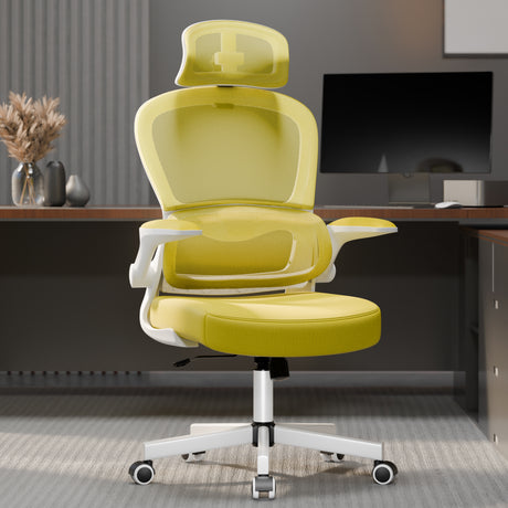 Yellow mesh adjustable office chair with flip-up arms and breathable back for airflow.