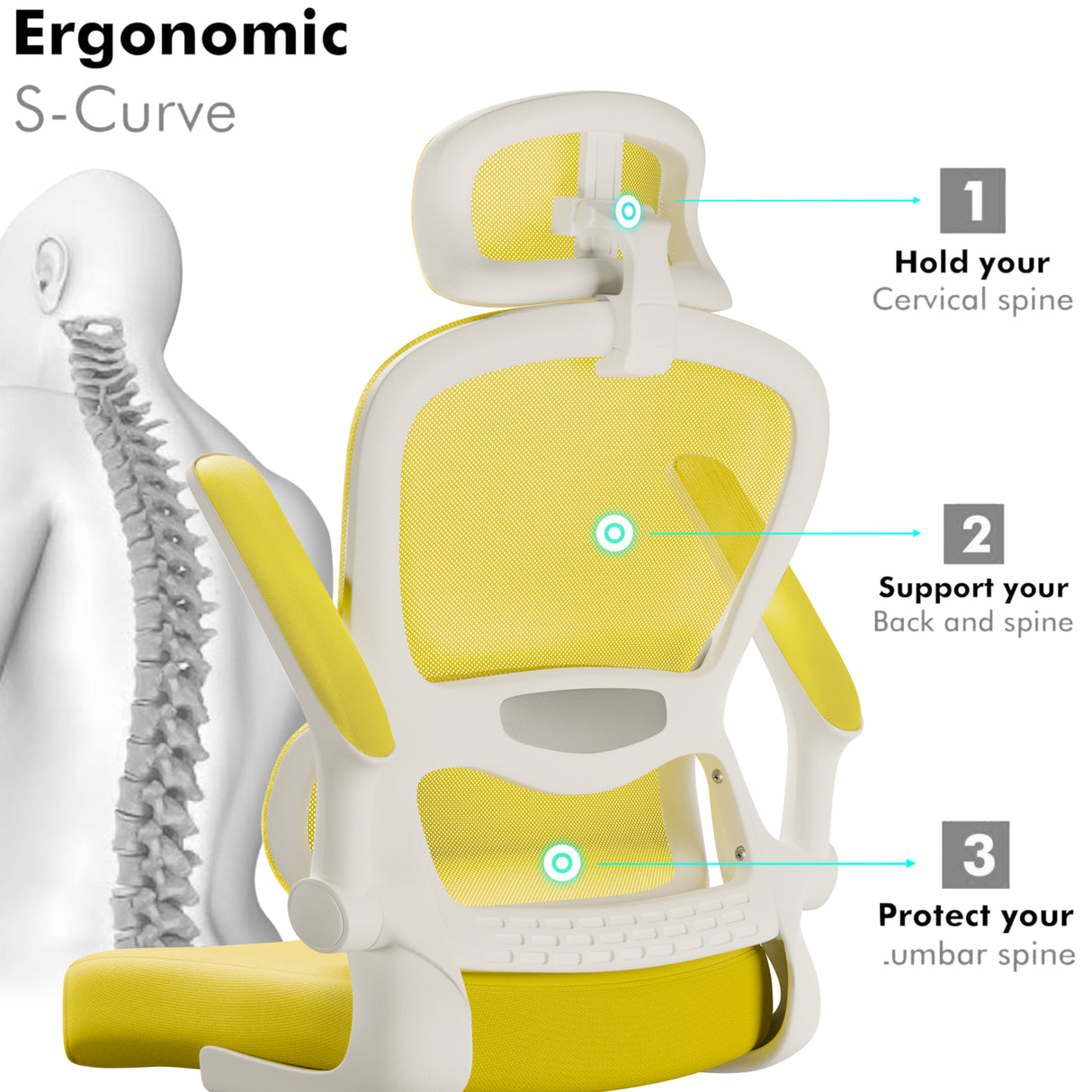Yellow home desk chair with breathable mesh back, ergonomic design, and rocking function.