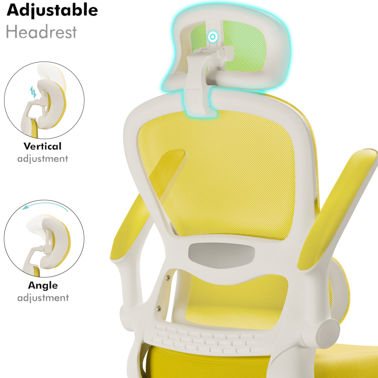 Yellow home office chair with movable headrest, swivel base, and sturdy five-wheel support.