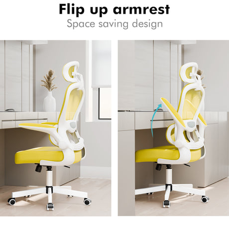 Bright yellow comfy office chair with breathable mesh, flip-up arms, and adjustable headrest.