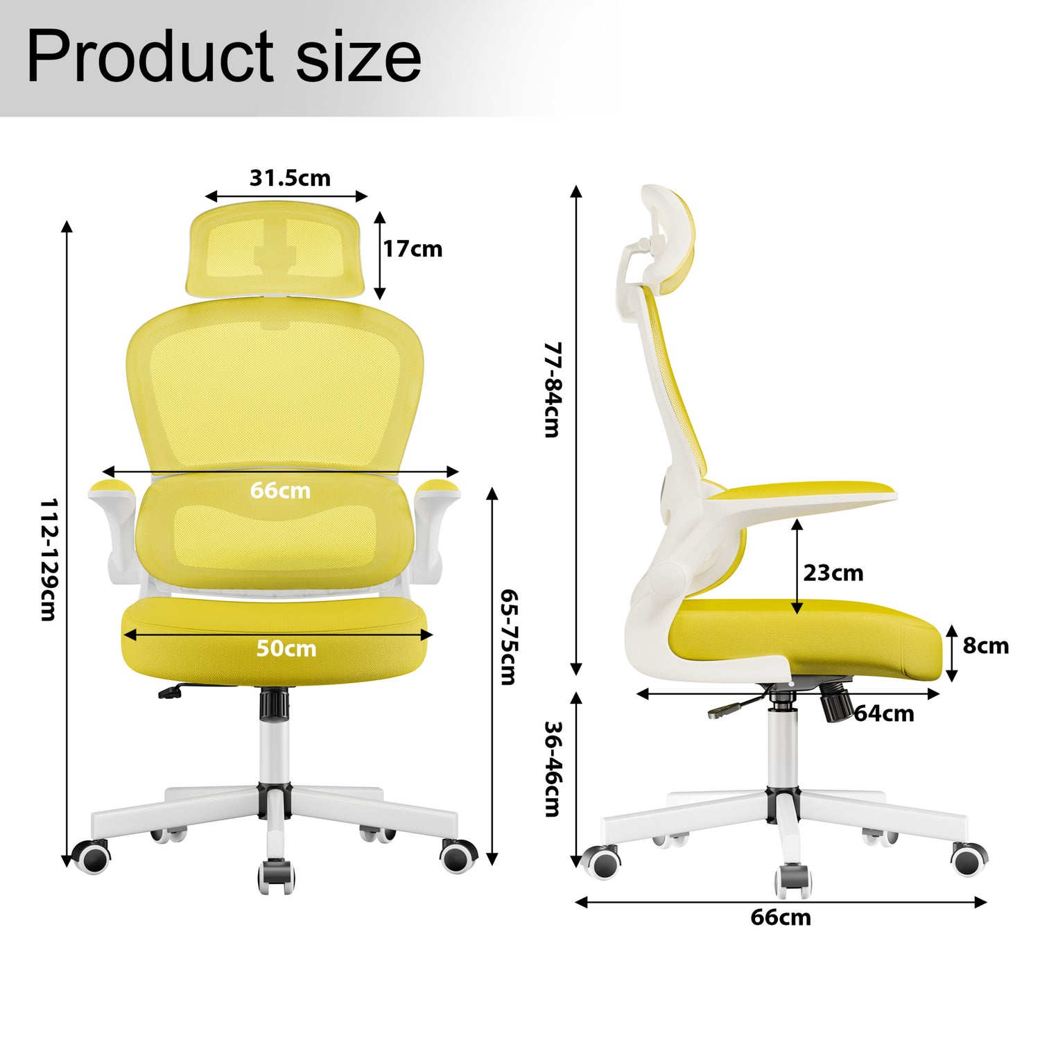 Dimensions of Yellow ergonomic desk chair: seat width 50 cm, depth 64 cm, and height  112-129 cm.