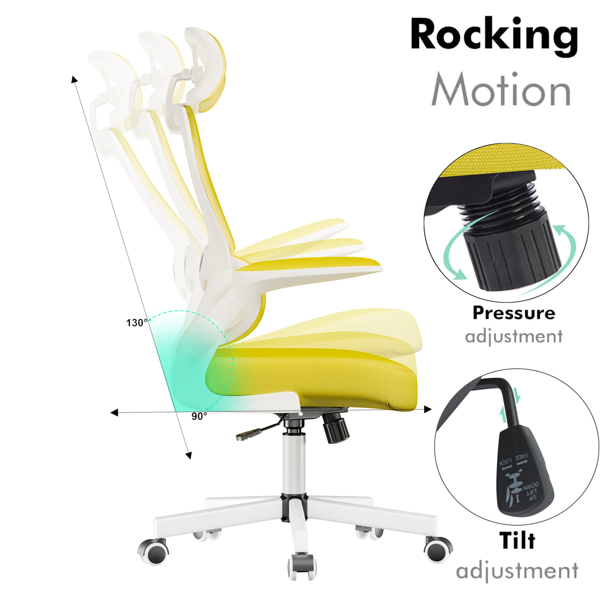 rocking yellow ergonomic office desk chair with flip-up arms and mesh backrest for ventilation.