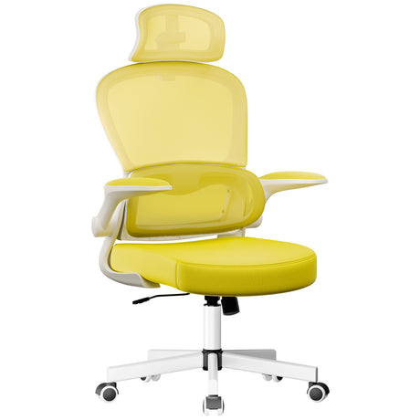 Bright yellow yellow office chair with ergonomic design, headrest, and padded armrests.