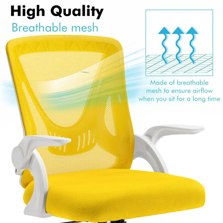 Close-up of yellow office chair with breathable mesh backrest for enhanced airflow and comfort.