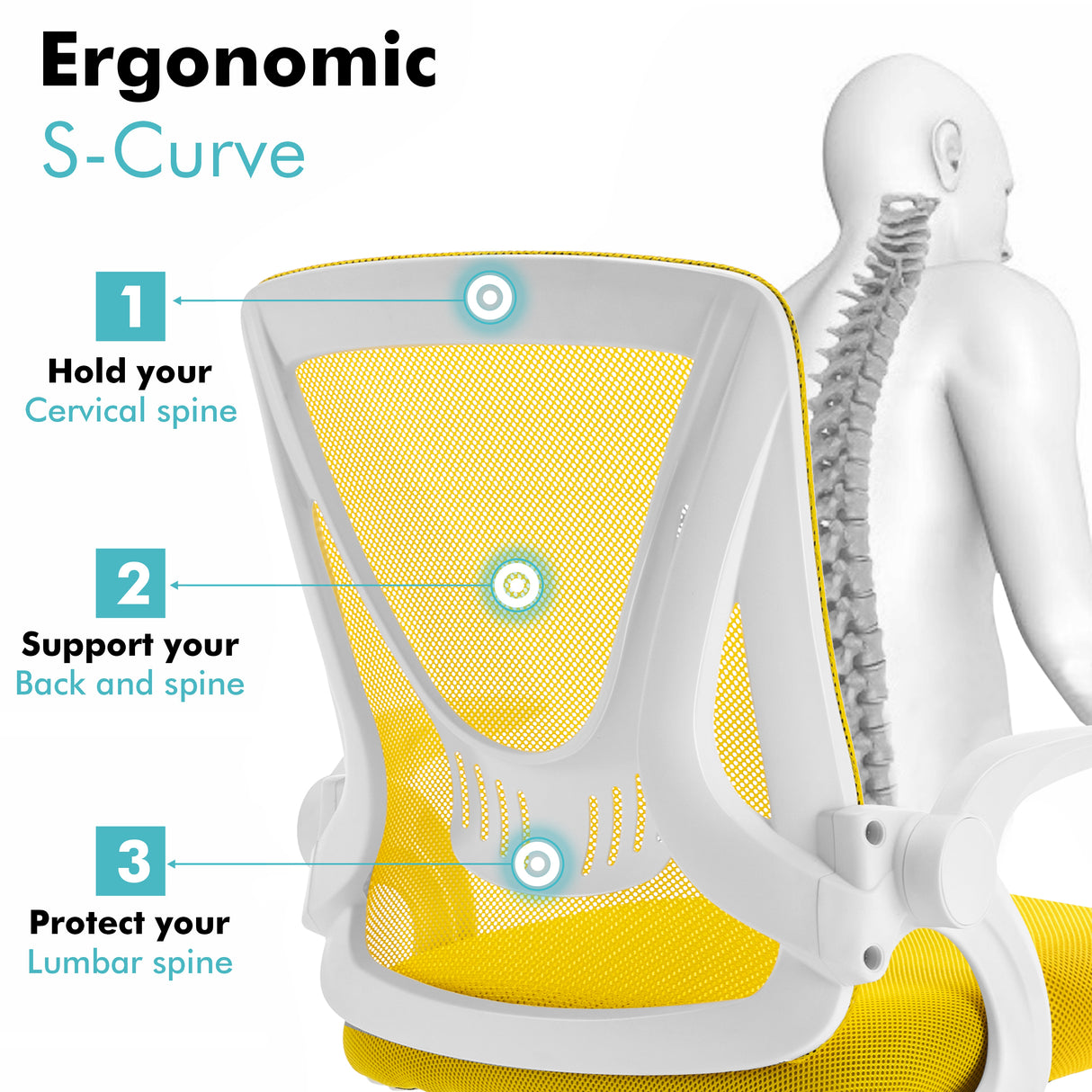 Yellow lumbar support chair with ergonomic design and breathable mesh backrest, improving posture.