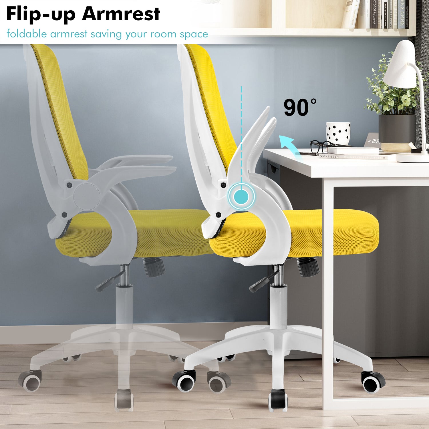 Yellow ergonomic desk chair with flip-up armrests, perfect for space-saving in home offices.