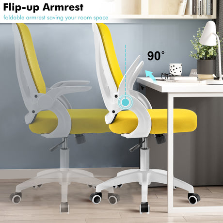 Yellow ergonomic desk chair with flip-up armrests, perfect for space-saving in home offices.