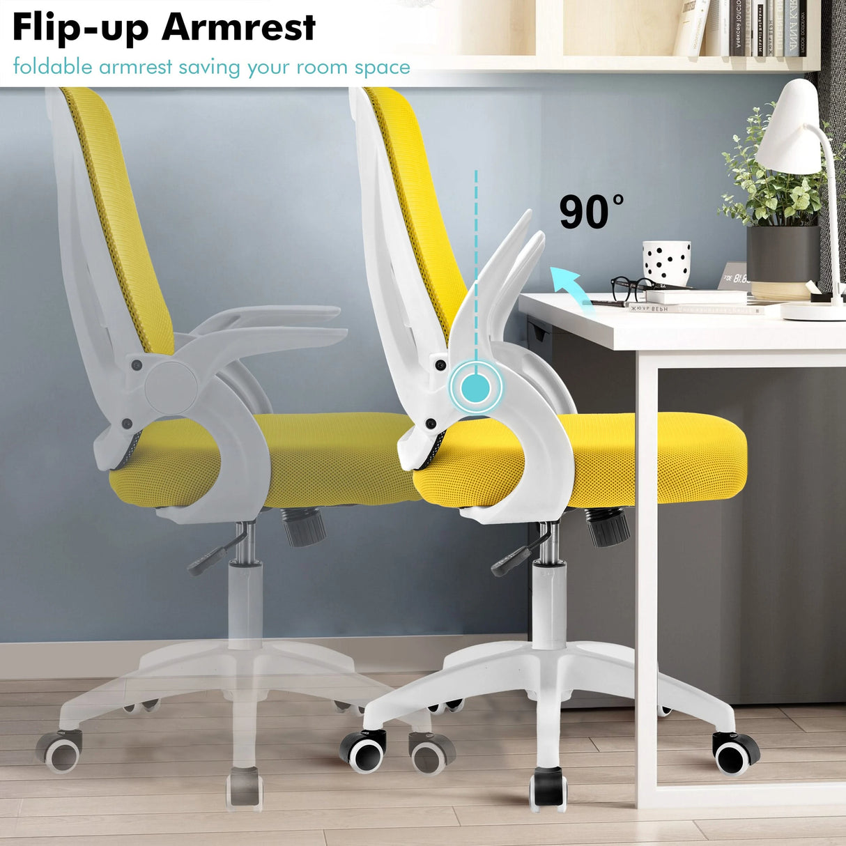 Yellow ergonomic desk chair with flip-up armrests, perfect for space-saving in home offices.