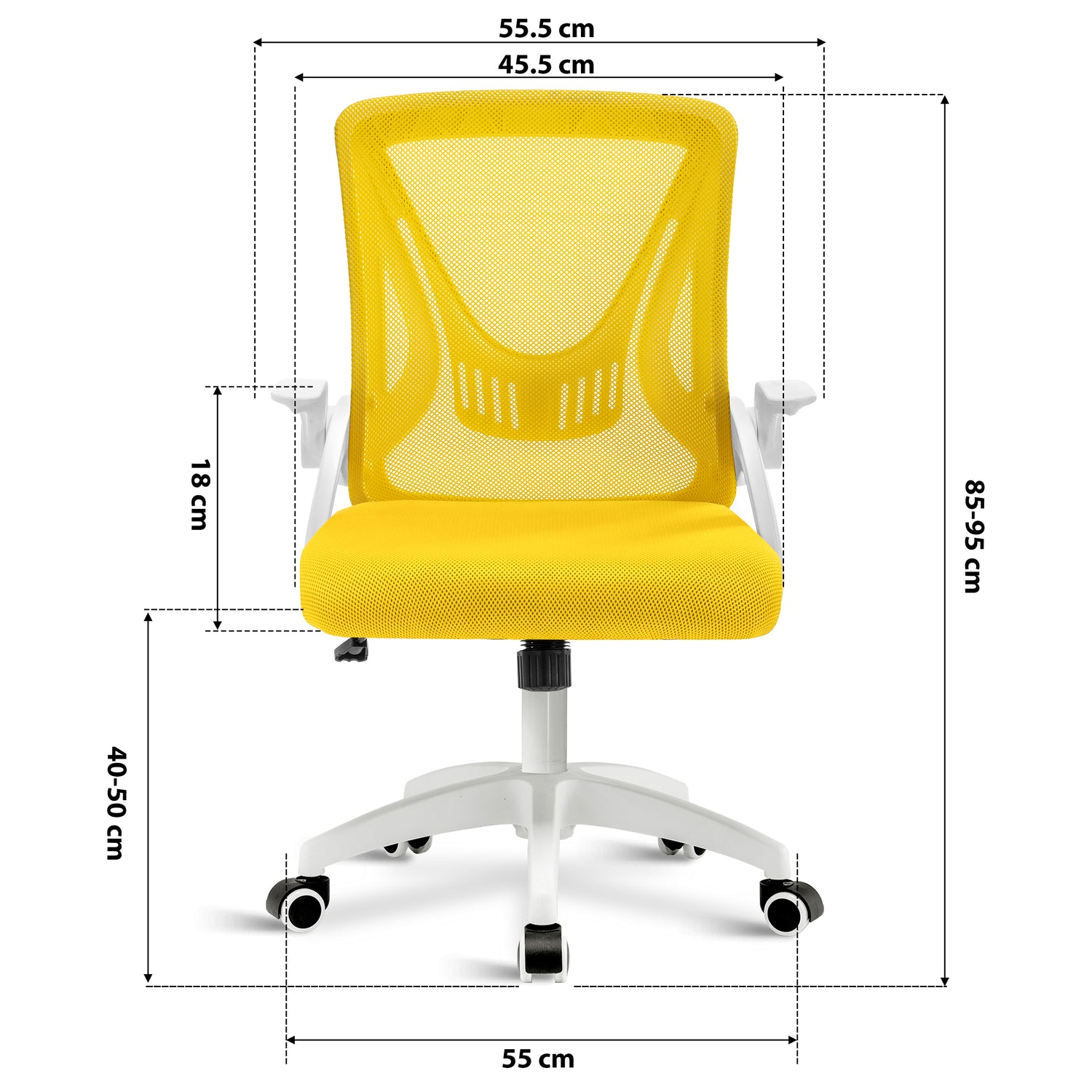 yellow comfy desk chair dimension: 45.5cm seat width, 55cm wheelbase, adjustable 85–95cm height and mesh backrest.