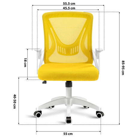 yellow comfy desk chair dimension: 45.5cm seat width, 55cm wheelbase, adjustable 85–95cm height and mesh backrest.