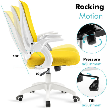 Yellow office chair with adjustable height, tilt lock, and recline features for maximum comfort and support.