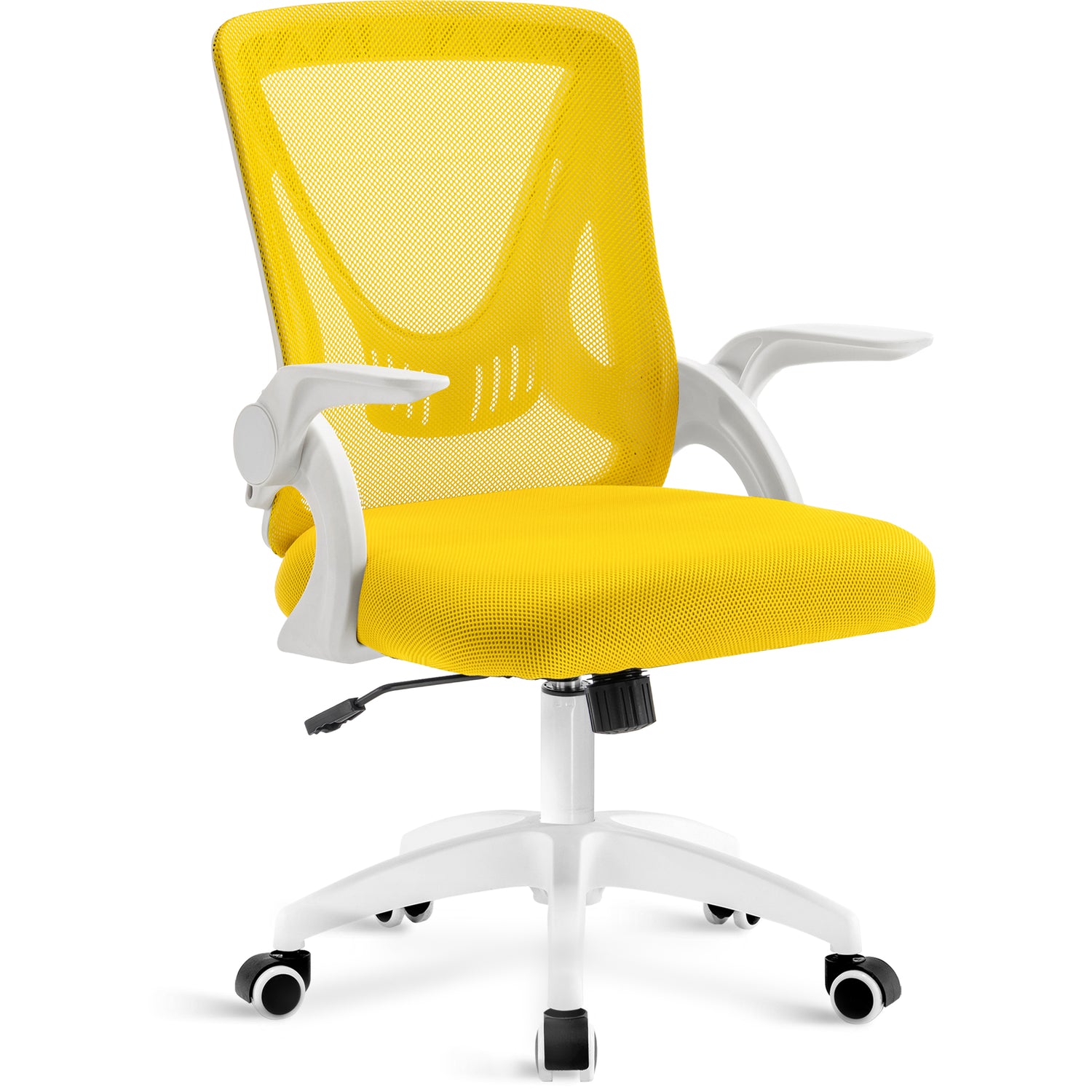 Yellow ergonomic desk chair with mesh backrest, padded seat, and adjustable height for maximum comfort.