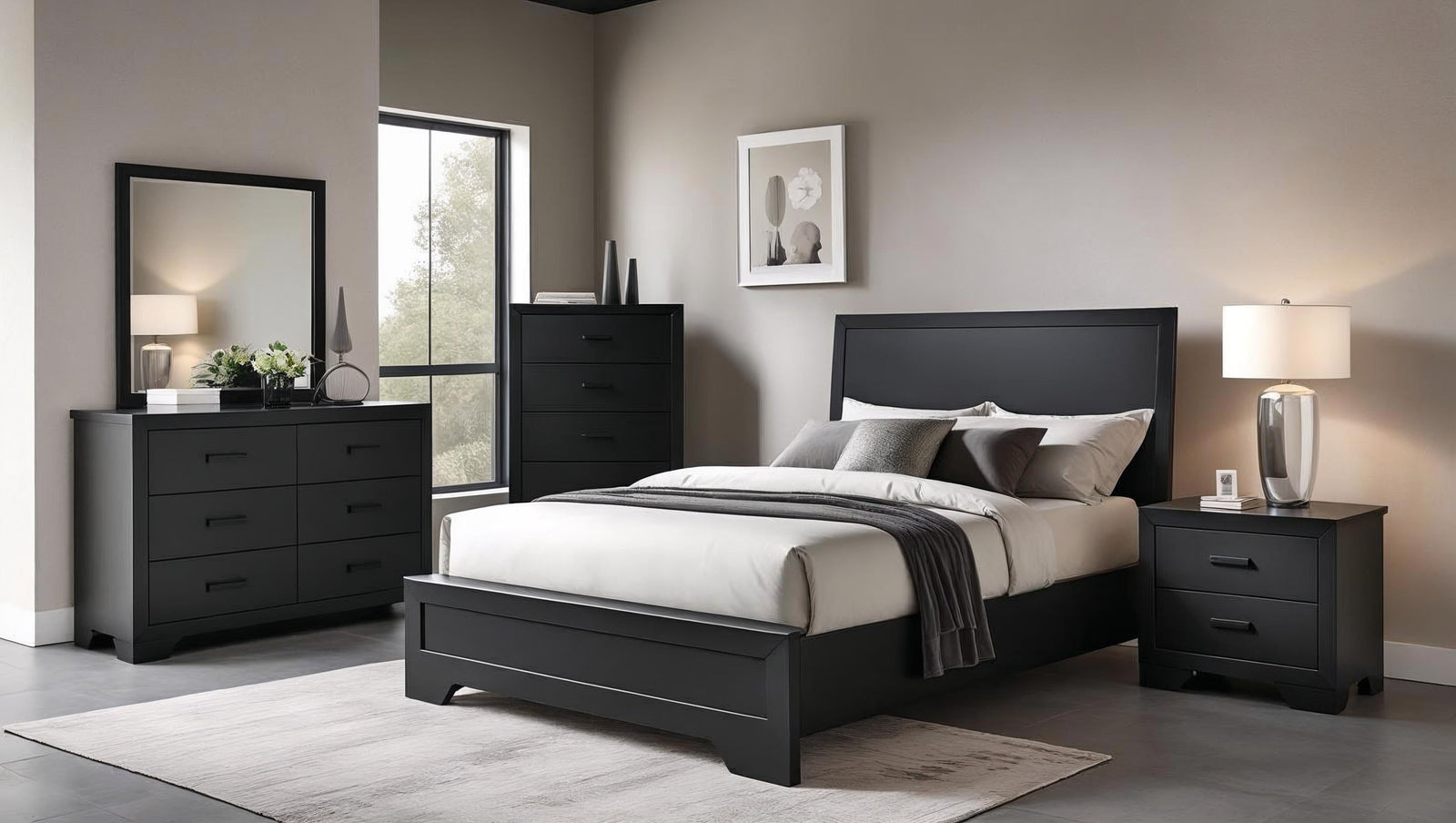 Black bedroom furniture set in a bedroom.