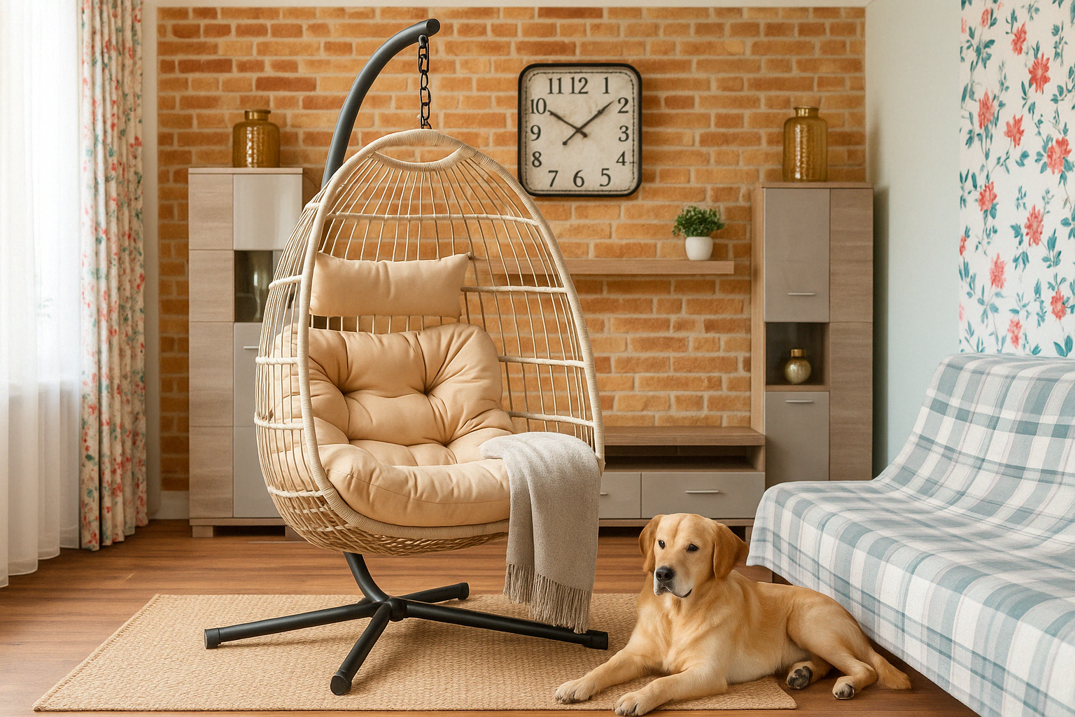 An egg chair in the living room.