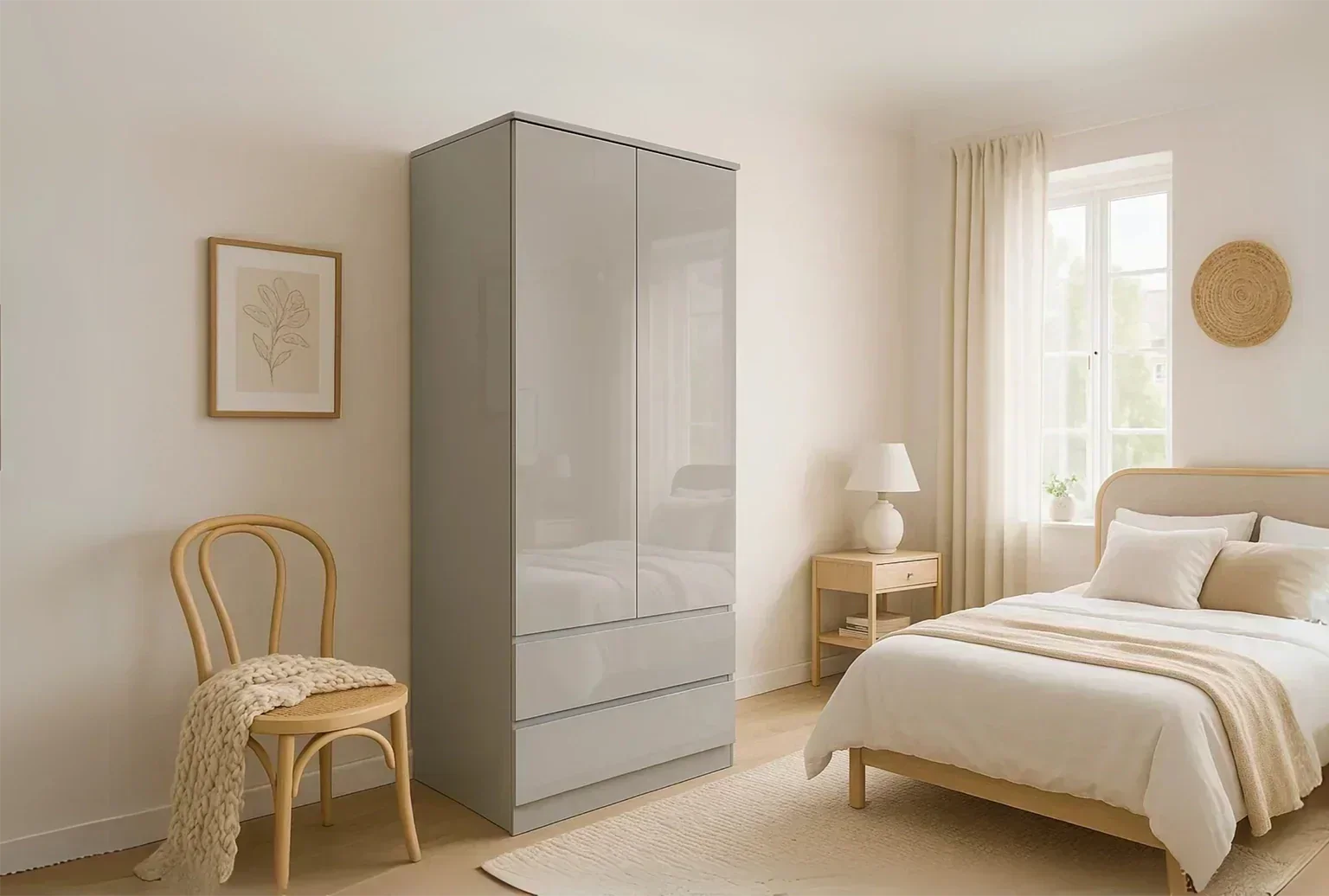 A grey high gloss wardrobe with drawers in a japandi styled bedroom, reflecting the elements in the room.