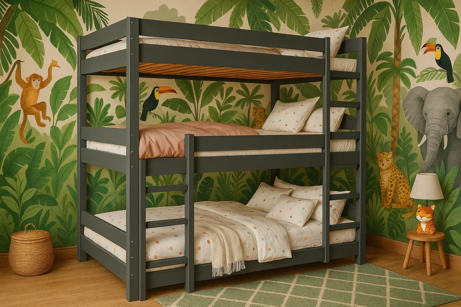 Kids bunk bed in a jungle-themed room.