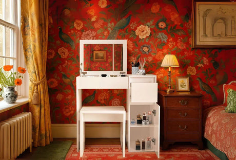 A sleek flip-up dressing table with a concealed mirror, built-in divided storage, drawers, and hidden shelves in a UK home.