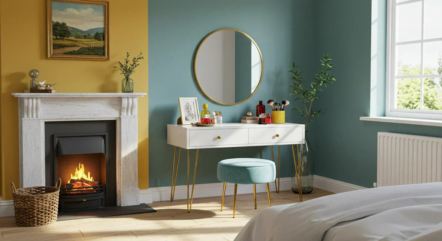 Bright modern bedroom with two-tone walls featuring a stylish dressing table and round wall-mounted mirror near an alcove.