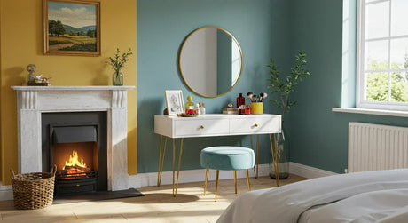 Bright modern bedroom with two-tone walls featuring a stylish dressing table and round wall-mounted mirror near an alcove.