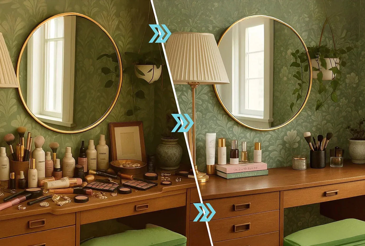Image showing transformation of a messy and cluttered to an organised dressing table.