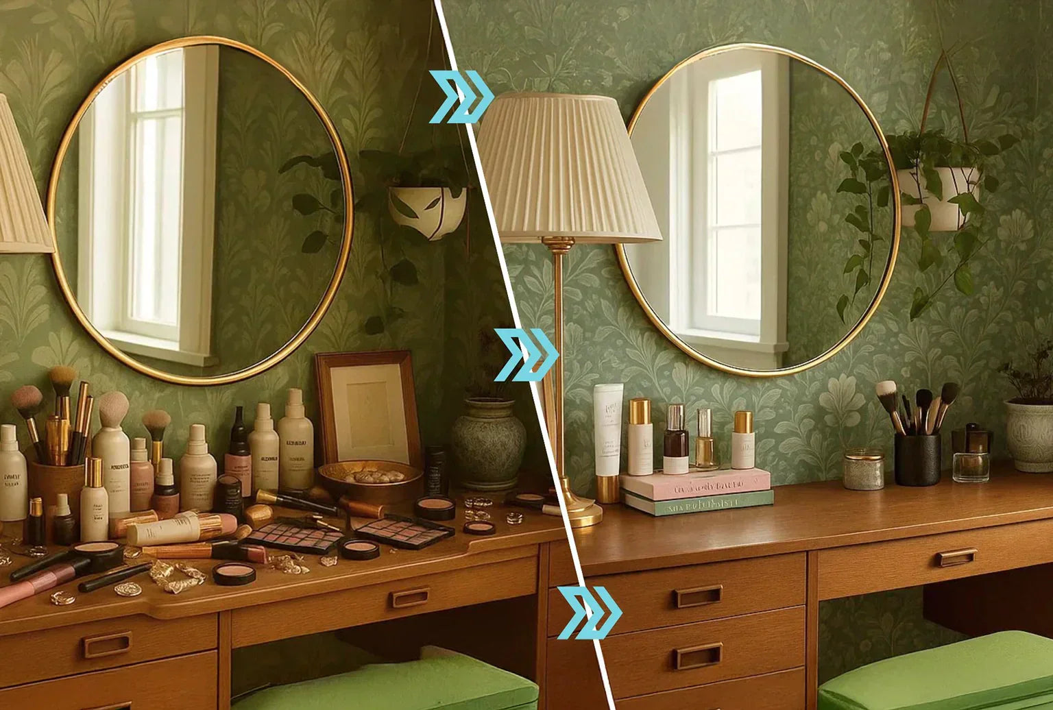 Image showing transformation of a messy and cluttered to an organised dressing table.