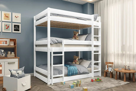 White triple bunk bed in a bedroom.