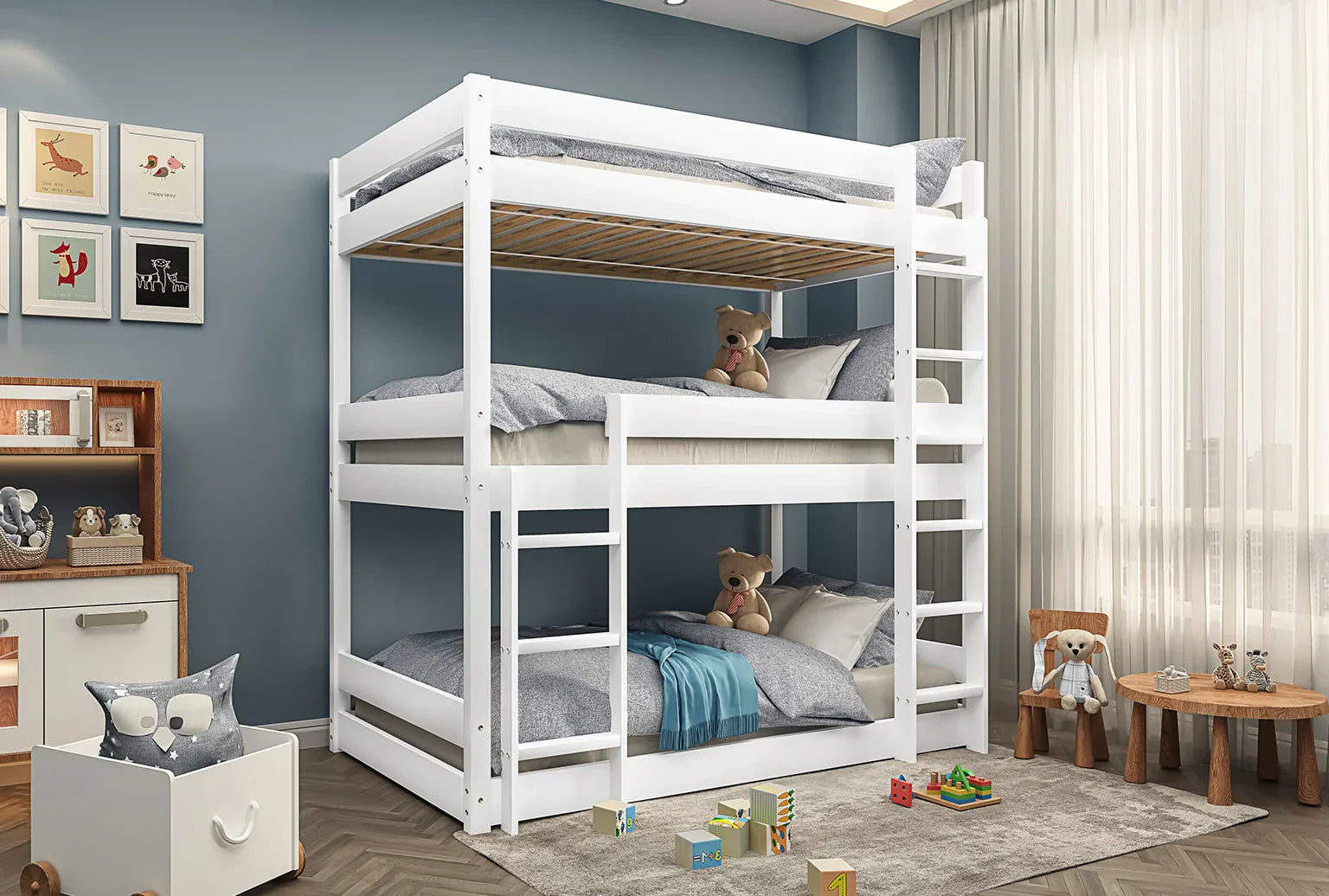 White triple bunk bed in a bedroom.