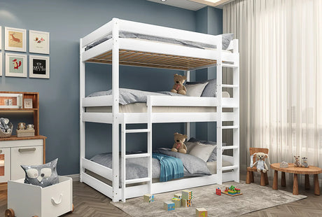 White triple bunk bed in a bedroom.