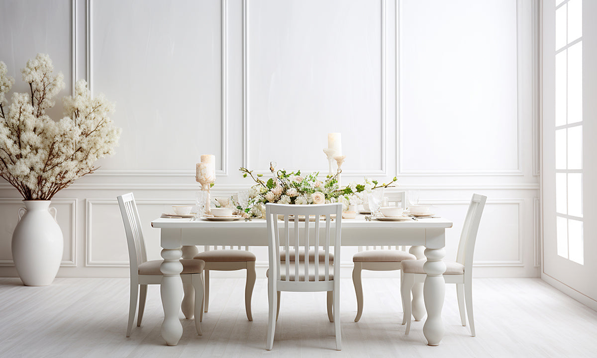 White dining room furniture in a room. 