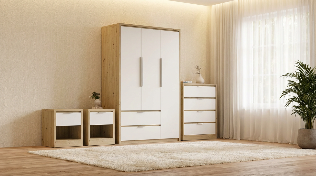 Bedroom furniture sets uk in oak and white finish with wardrobe, bedside tables and chest of drawers placed against a wall