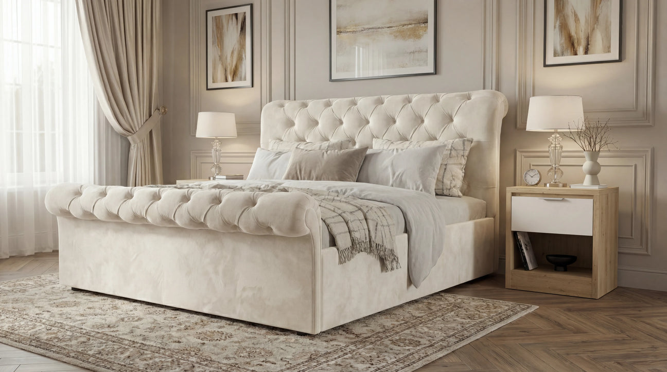 Beige tufted bed with a throw blanket, beside a bedside table with a lamp on a patterned rug, placed in an elegant bedroom