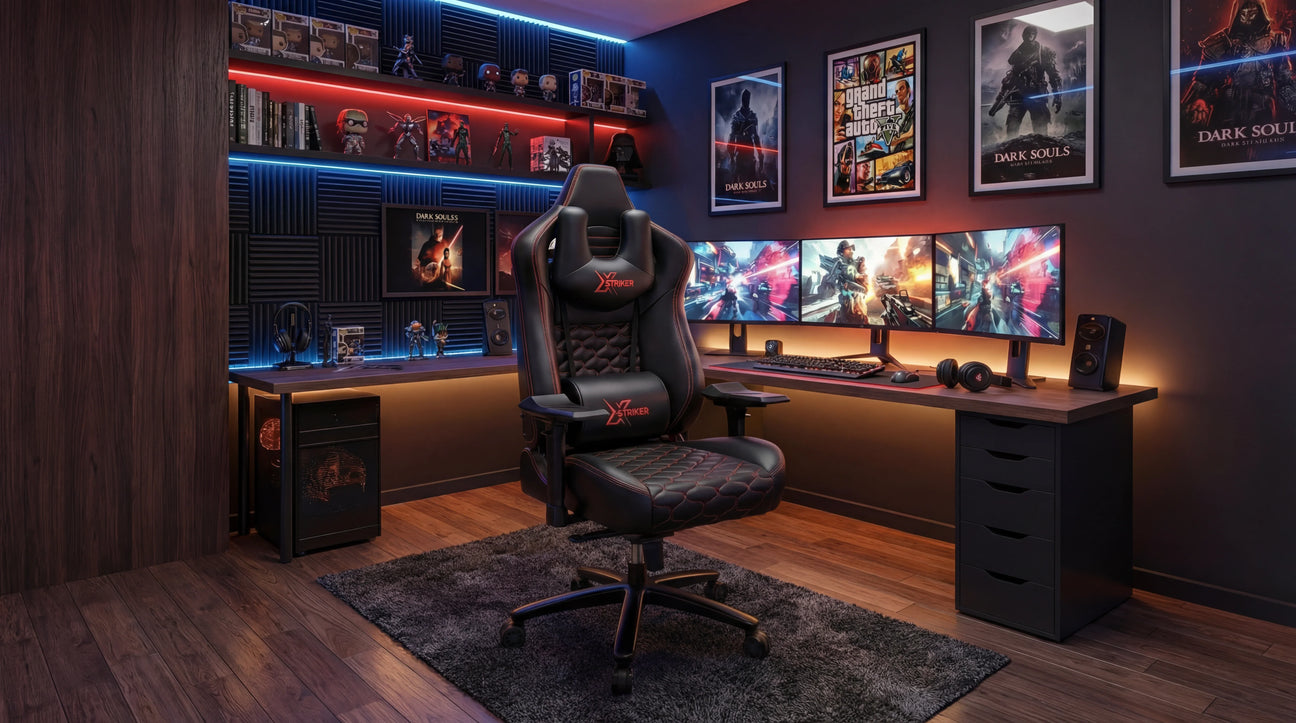 Modern gaming room with triple monitors, LED lighting, posters, and ergonomic gaming chairs at a sleek desk setup indoors.