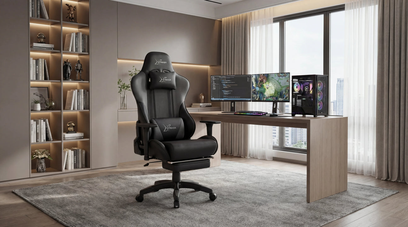A modern home office setup with a sleek black ergonomic chair, dual monitors, and stylish bookshelf decor.