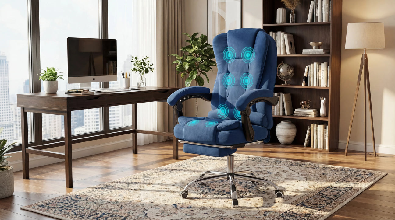 A cozy home office featuring a blue massage chair with targeted massage zones, next to a sleek desk and bookshelf.