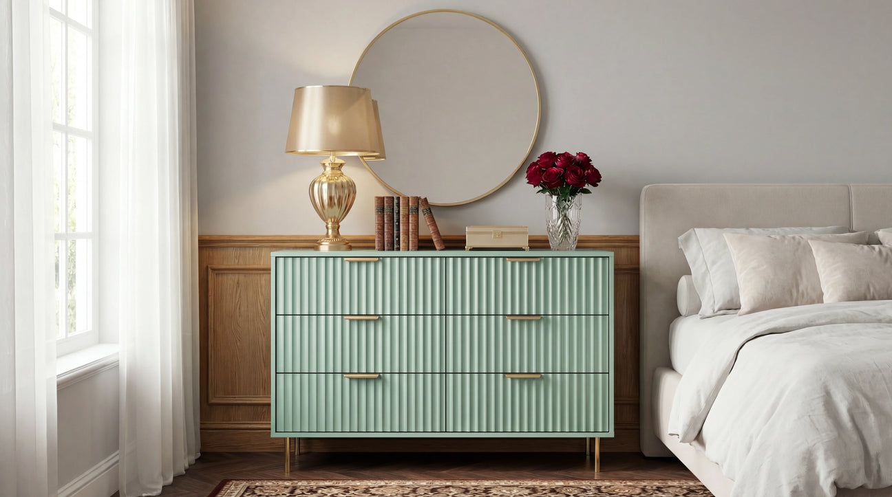Flute design Mint green chest of drawers with gold handles, placed beside a bed in a natural light bedroom