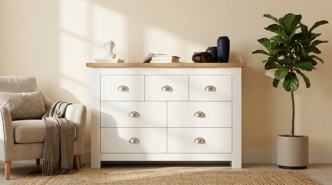 White Shaker drawers for bedroom with a oak top finish, placed against a wall in a bright room with a rug