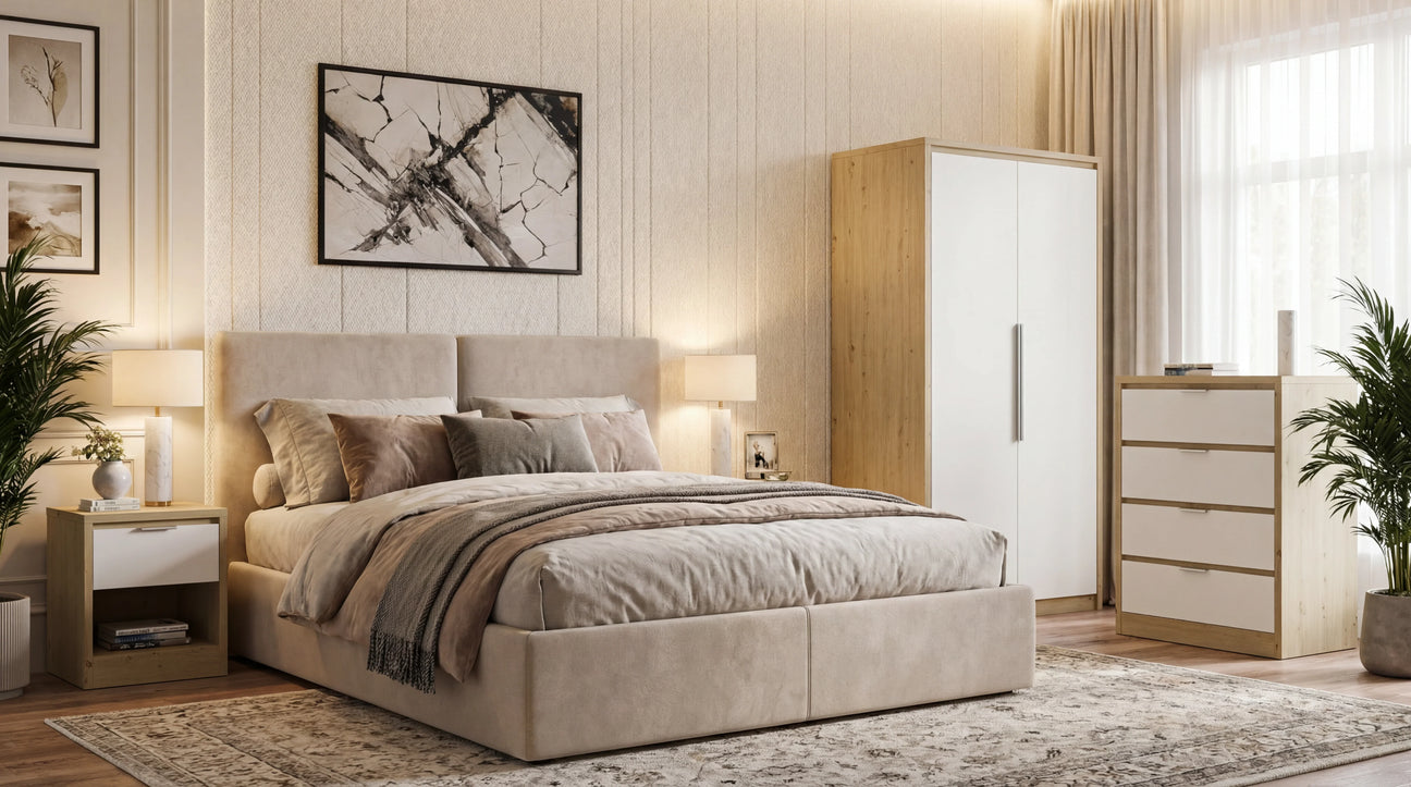 Oak White finish skova bedroom furniture with 2 door wardrobe, a chest of drawers, a nightstand and a bed in a room