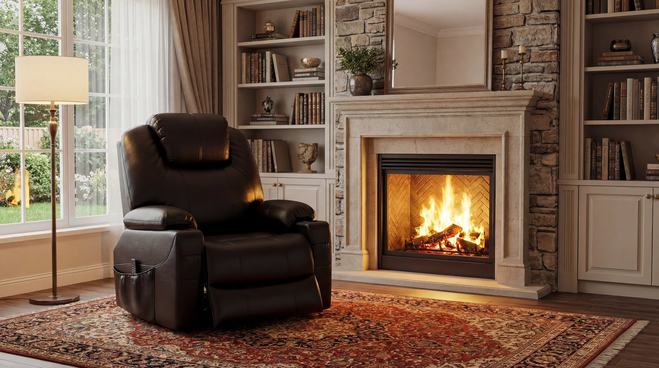 A cozy living room featuring a leather sofa chair next to a warm fireplace, with bookshelves and a soft rug.