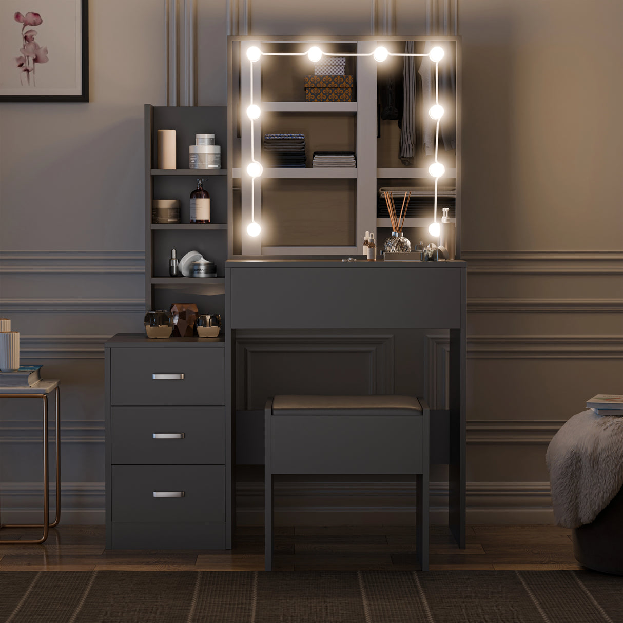 Hollywood Mirror Dressing Table with Storage, Drawers Vanity Makeup Desk