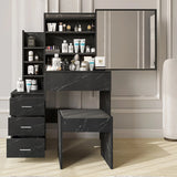 Black dressing table with mirror and stool. Features open shelving and drawers for makeup and beauty product organization.