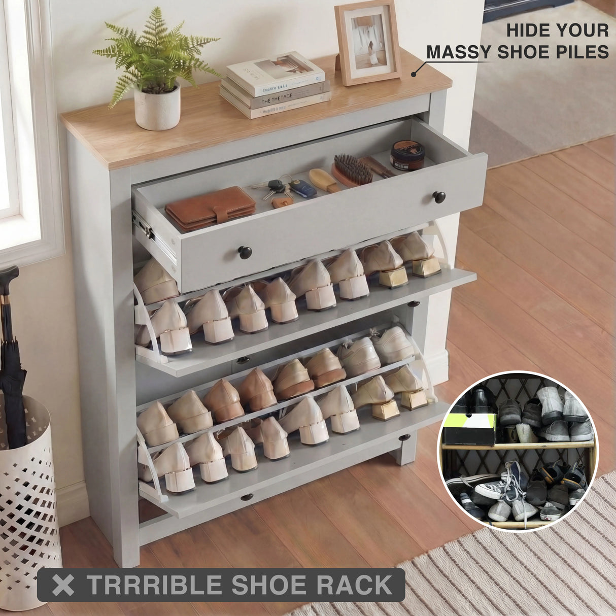 Modern Shoe Cabinet With Drawers | 2 Door Shoe Storage