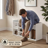 Shoe Storage Bench with Cushion in hallway setting, featuring multiple compartments for boots and shoes. Weight tested up to 120KGs for durability.