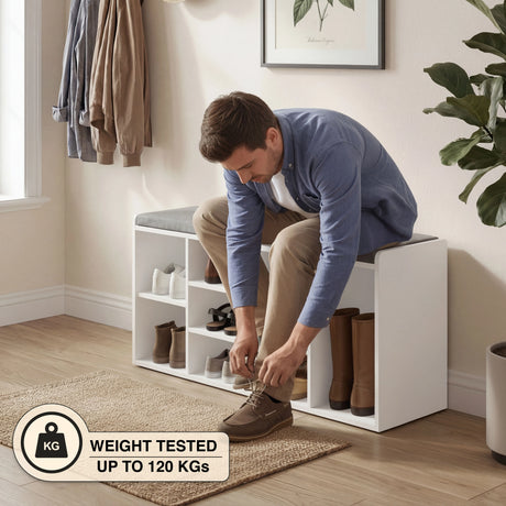 Shoe Storage Bench with Cushion in hallway setting, featuring multiple compartments for boots and shoes. Weight tested up to 120KGs for durability.