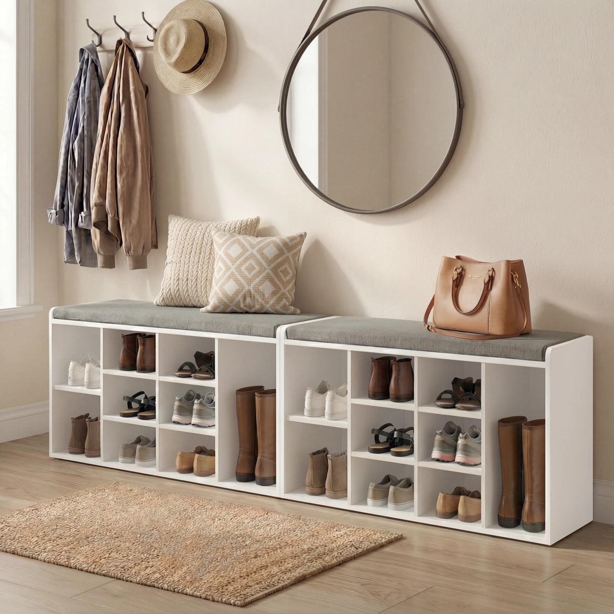 Shoe storage bench with cushion in white featuring multiple cubbies for footwear, ideal for hallway organization and entryway seating.